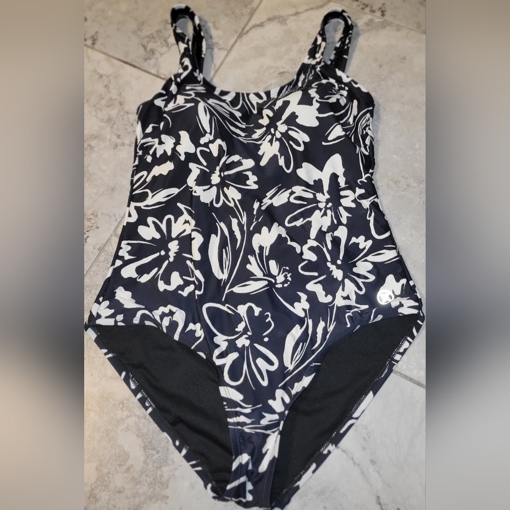 Hurley Ink Fresco Black White Floral One Piece Swimsuit UPF 50+
